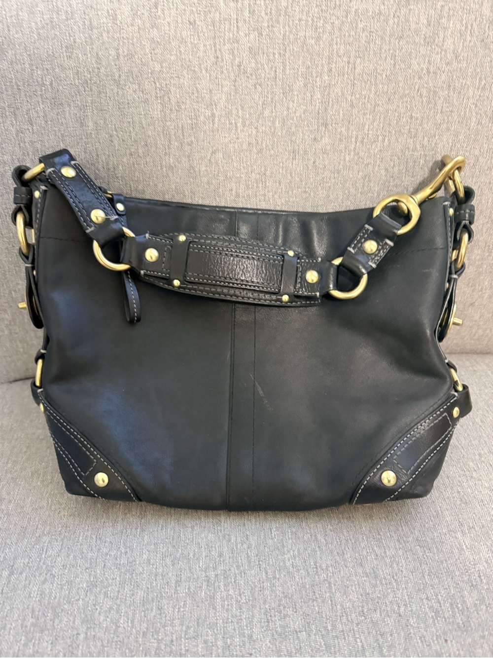 Classic Black Leather Shoulder Bag with Brass Hardware